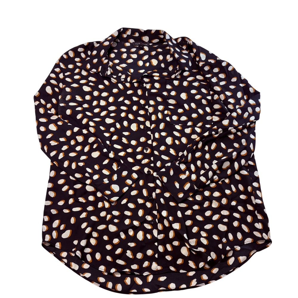 Moa Moa Women XL Abstract‎ Dot Button Down Blouse Black Tan Long Sleeve
